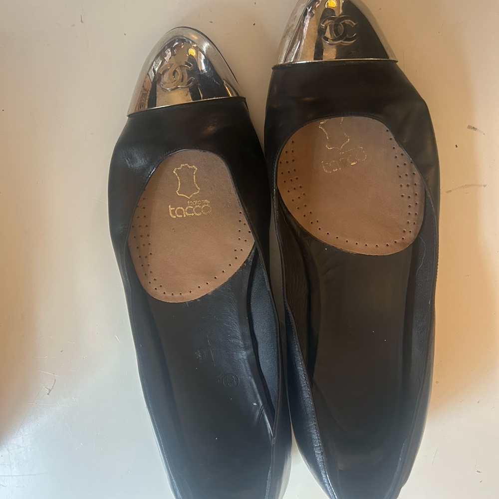 Chanel logo Black Flats with Silver Accents size 9 resoled